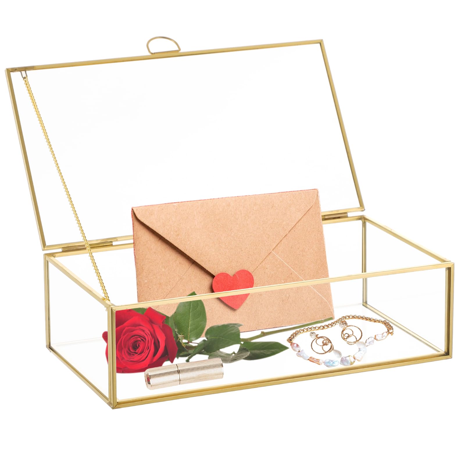 MAOPINER Vintage Gold Glass Jewelry Box, 7.8 x 4.3 x 2.3 inch Decorative Glass Display Organizer with Lid, Clear Rectangular Design for Rings,