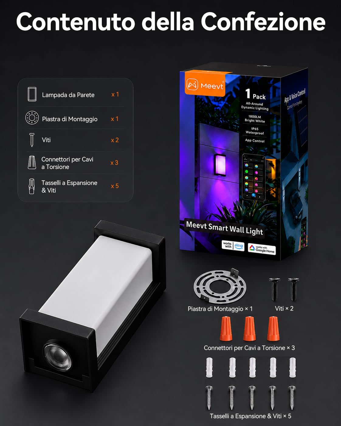 Meevt Lampade da Esterno RGBCW IP65, Smart Applique da Parete Interno, 1 Pz | 1800LM, Illuminazione a 3 Lati, Lampade con Alexa e Google Assistant, Controllo App / Telecomando, Balconi Giardini Garage