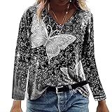 Mayntop Womens Tops Shirt Plus Size Tie-Dye Gradient Butterfly Ombre Spotted Graphic Pattern Print Long Sleeve V-Neck Loose Blouse(A Gray,5XL)