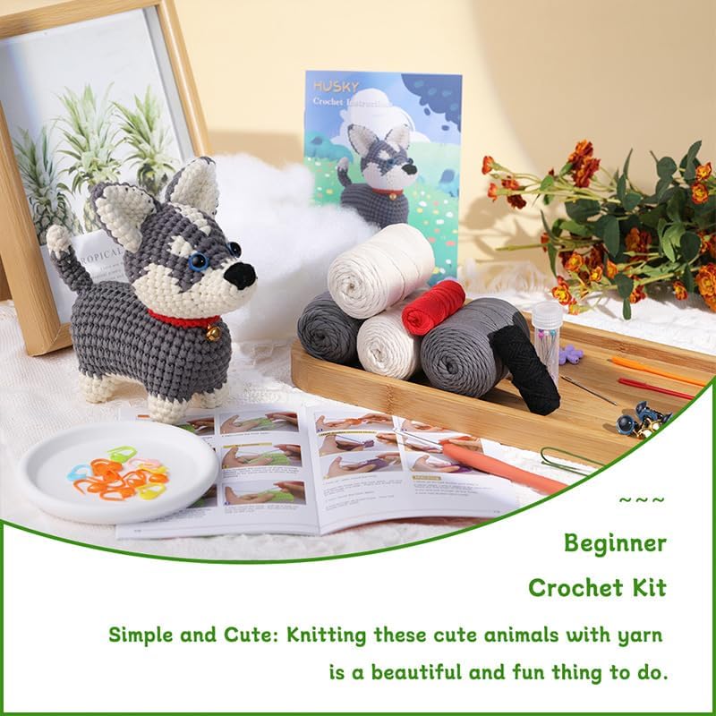 Crochet Puppy Dog Kit, Gray and White Husky Design with Red Collar and Bell, DIY Craft Set with Hooks and Stitch Markers