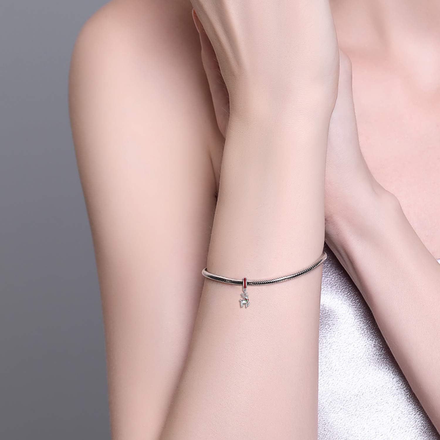 LONAGO Christmas Charm Sterling Silver Red Santa Hat Cap Deer Xmas Christmas Bead Charm Gift for Women