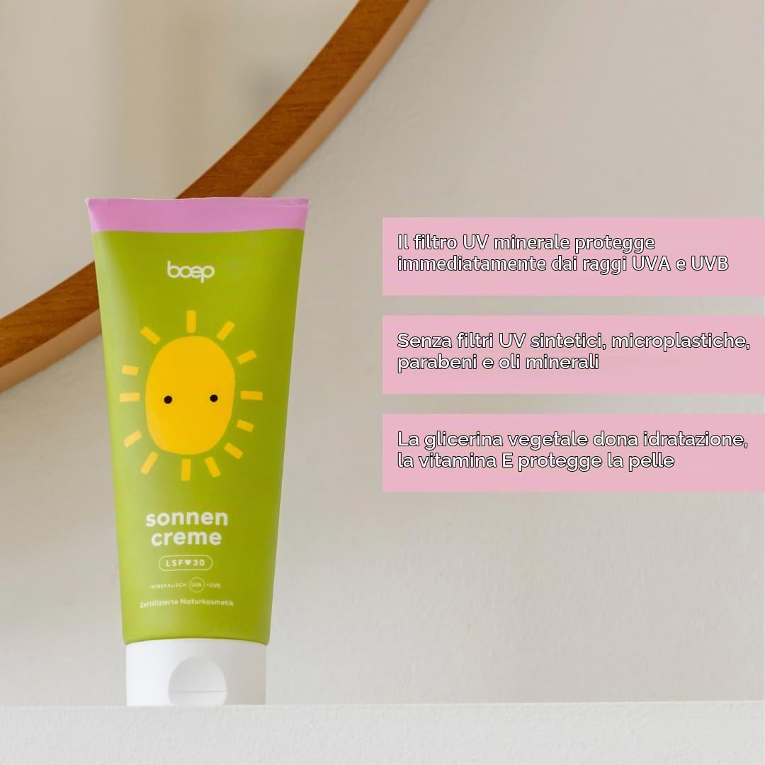 boep protezione solare SPF30 | Protezione solare minerale per neonati, bambini e adulti | Con ossido di zinco e senza filtri UV chimici | Crema solare naturale vegana per tutta la famiglia (200ml)