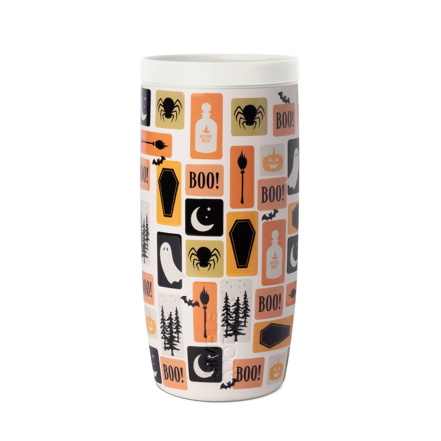 Simple Modern Halloween Signature Voyager Reise-Kaffeetasse mit 360°-Deckel, Geschenk für Sie und Ihn, isolierter Edelstahl, kaltgebrühter Eiskaffeebecher, gruselige Stempel auf Cremefarben, 473 ml