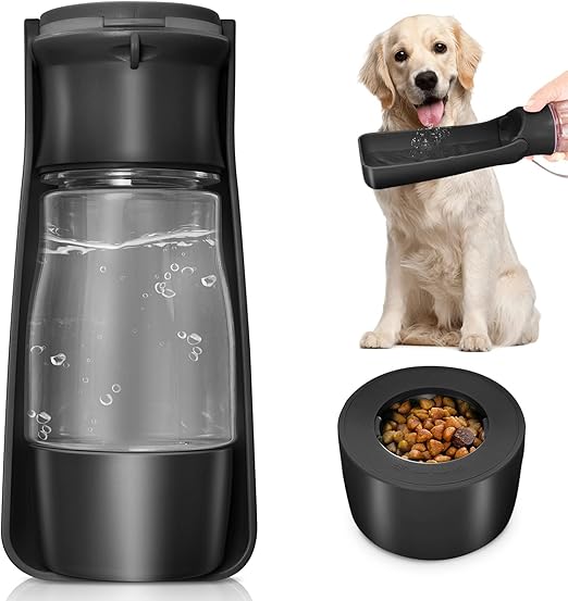Dog Water Bottle with Food Container, Collapsible Portable Dog Water Dispenser Leak Proof Puppy Drinking Cup, Dog Travel Water Bowls Accessories for Pet Outdoor Walking Hiking (Black)