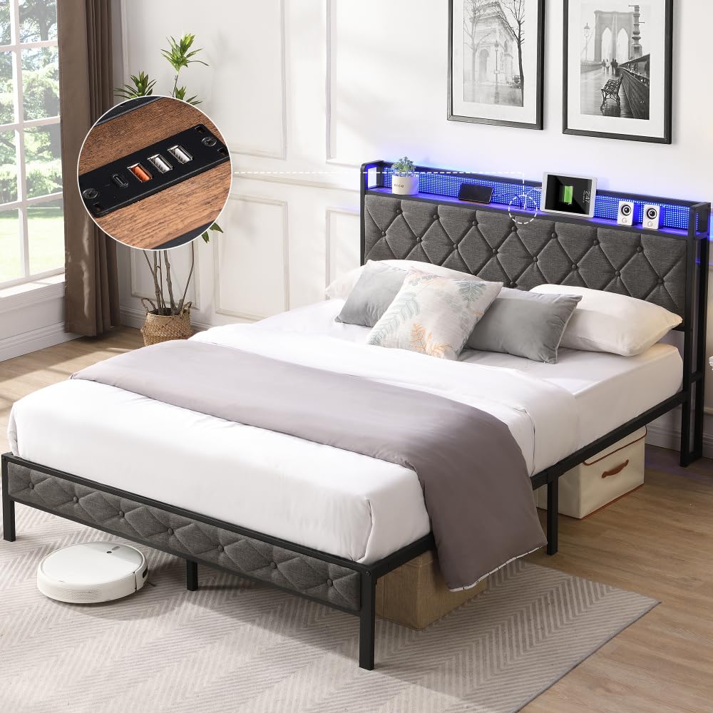 Dark Gray Upholstered Full Bed Frame - Storage Headboard, 20W Fast Charging, 60K+ Color LED, 17 Metal Slats, Noise-Free