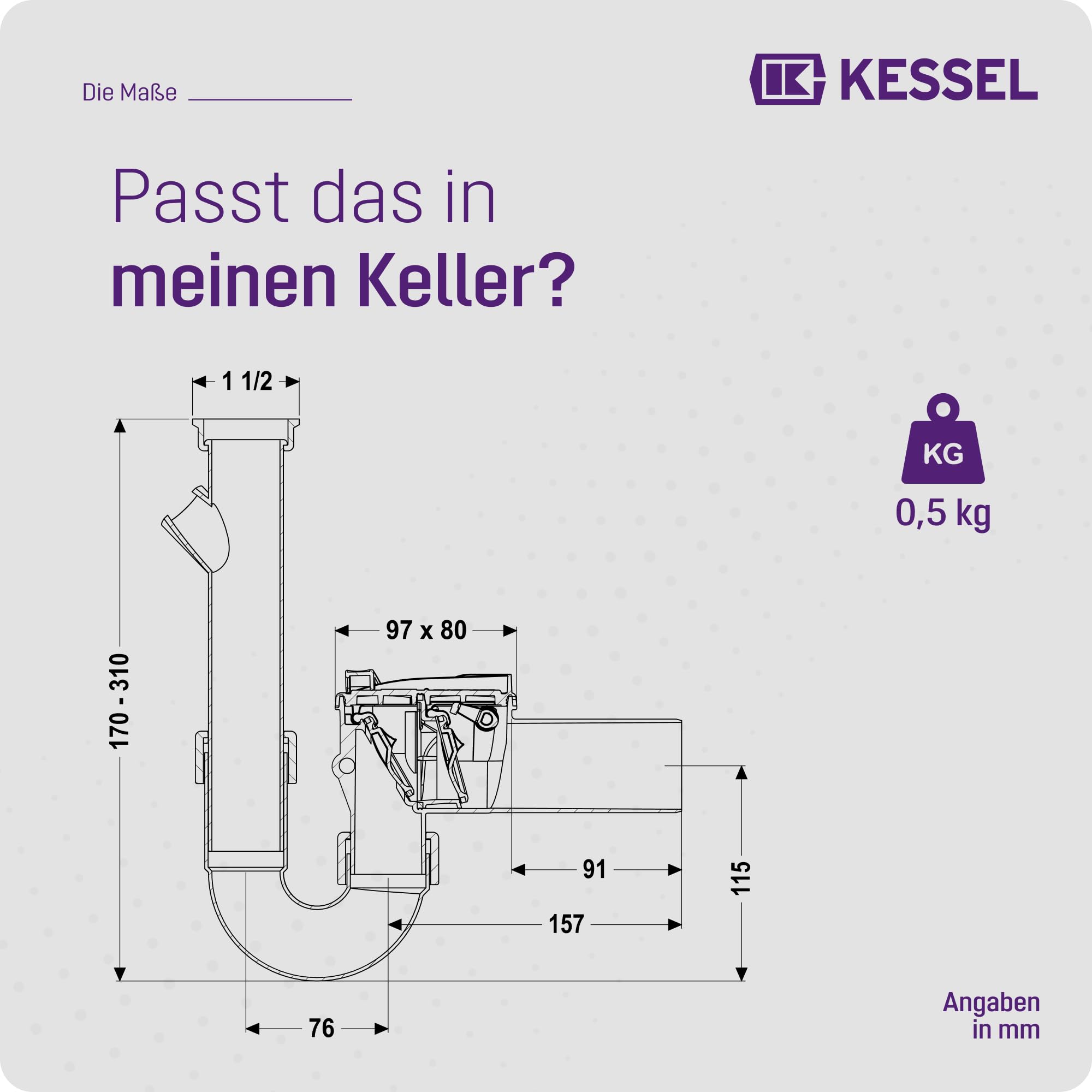 Kessel 73052 Rückstauverschluss Staufix Siphon für Waschmaschine, Kunststoff, Falle | Rückstausicherung für fäkalienfreies Abwasser, 2 Klappen + Notverschluss, korrosionsfreier Kunststoff, EN 13564
