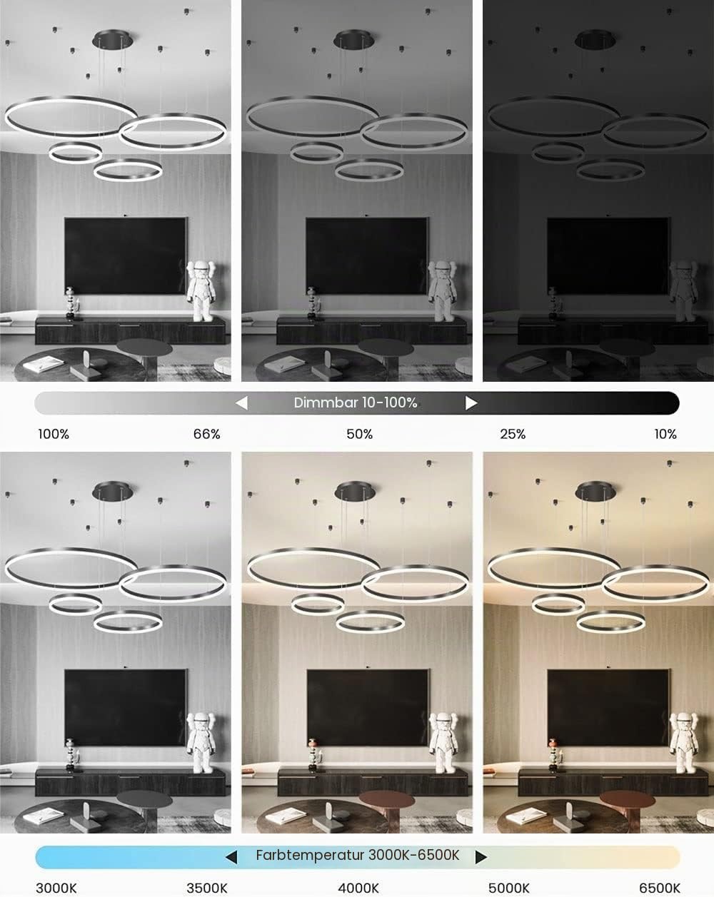 LED Pendelleuchte Moderne Schwarz 3-Ring Separate Installation Kronleuchter 75W Dimmbar Deckenbeleuchtung Für Schlafzimmer Wohnzimmer Esszimmer 40×60×80CM