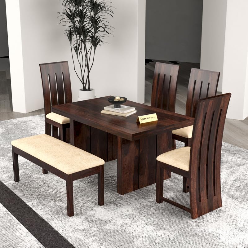Image of Solid Sheesham Wood Dining Room Sets 6 Seater Dining Table with 4 Chairs & 1 Bench for Dining Room, Living Room, Restaurant, Cafeteria (Estra, Walnut Finish)