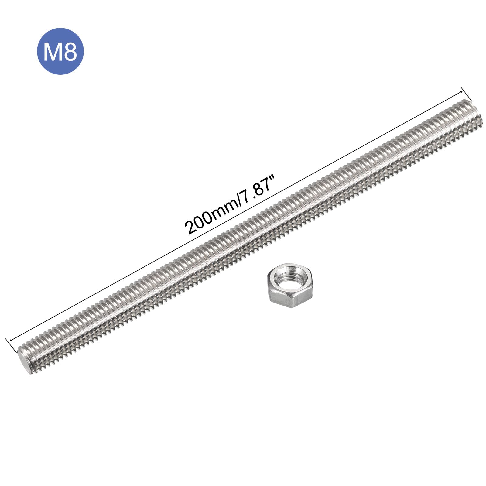 QUARKZMAN 12pz M8x200mm Barra Filettata Completamente con 12pz Esagonali Dadi , 1,25mm Passo Barra Filettata in Acciaio Inox 304 Destra Mano Filettata Asta Perni Bar Borchie