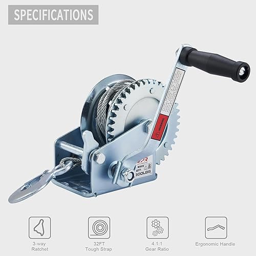 Miniatura 23 de OPENROAD Cabrestante para remolque de barco de 3500 libras, correa verde de 32 pies, cabrestante de mano resistente con trinquete de 2 vías 4:1/8:1