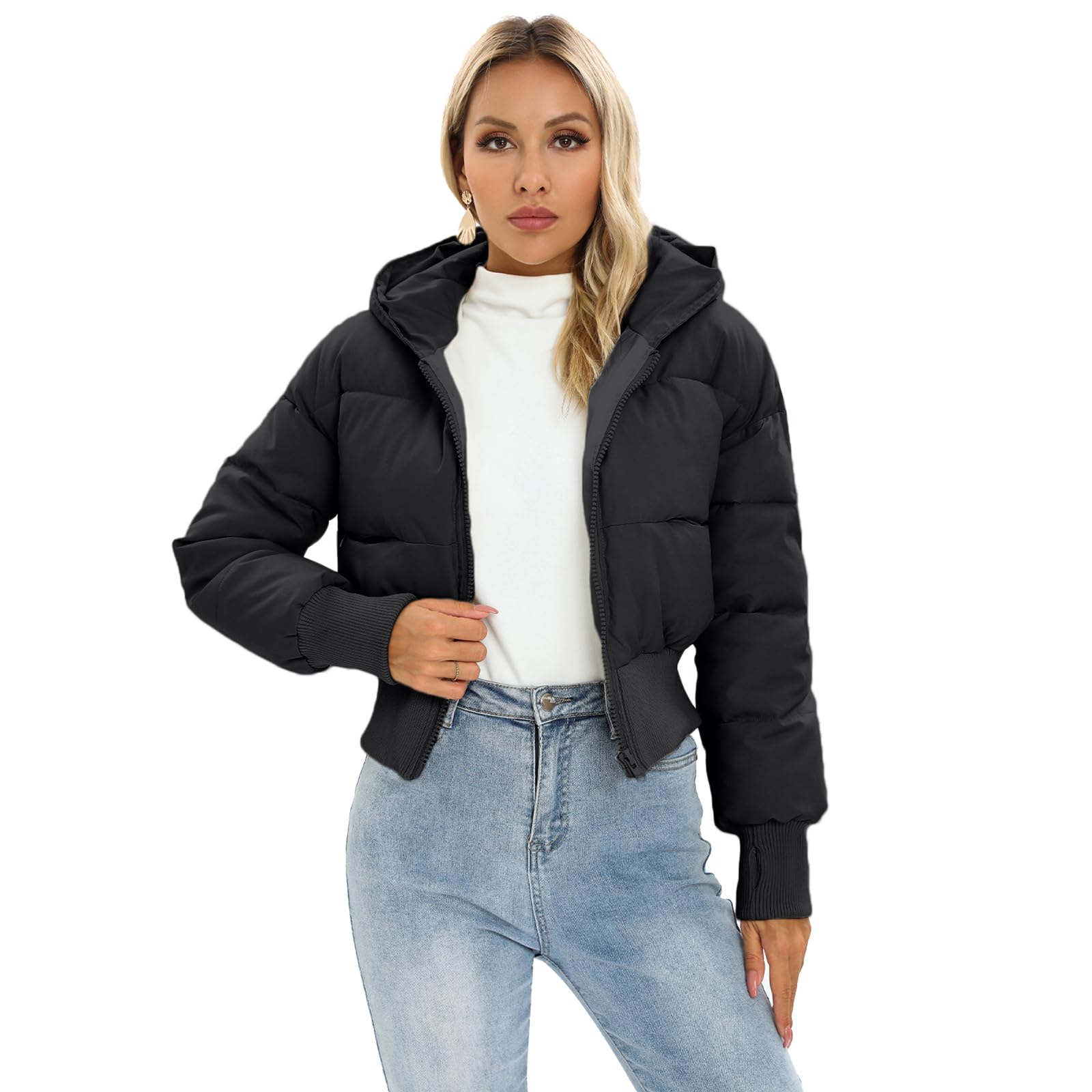 Shiyifa Women's Winter Full Zip Hooded Puffer Jackets Long Sleeve Baggy Padded Puffy Coats with Pockets