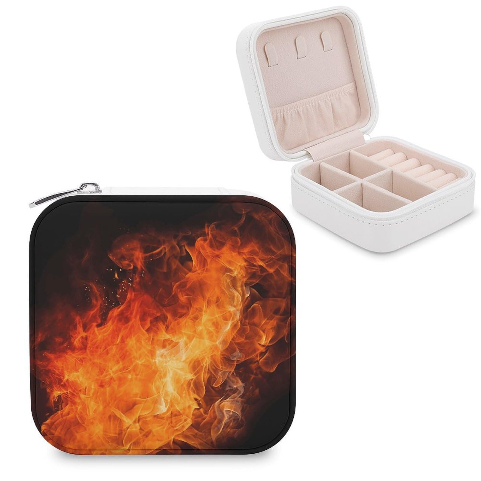 FekiLoot Roaring Flame Jewelry Box Custom Jewelry Travel Case Pu Leather Trinket Organizer Box to Organize Ring Pendant Earring Small Portable Jewelry Storage Holder for Women