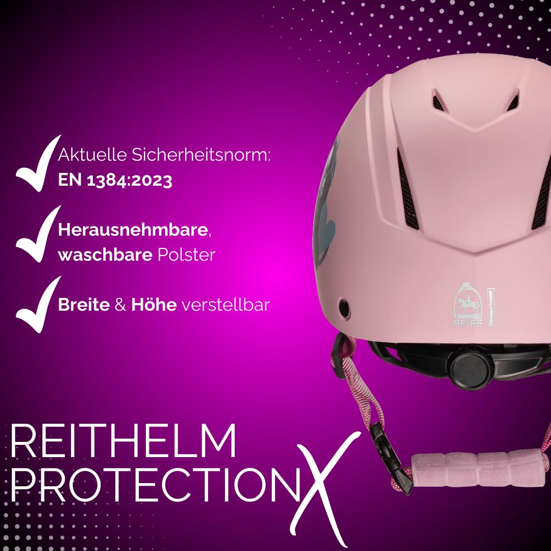 PFIFF 103119 Reithelm ProtectionX, Kinderhelm, Größenverstellbarer Helm für Kinder, mit Belüftunssystem, Blau, Schwarz, Pink, Größe 48-52cm (XS), und 52-56cm (S)