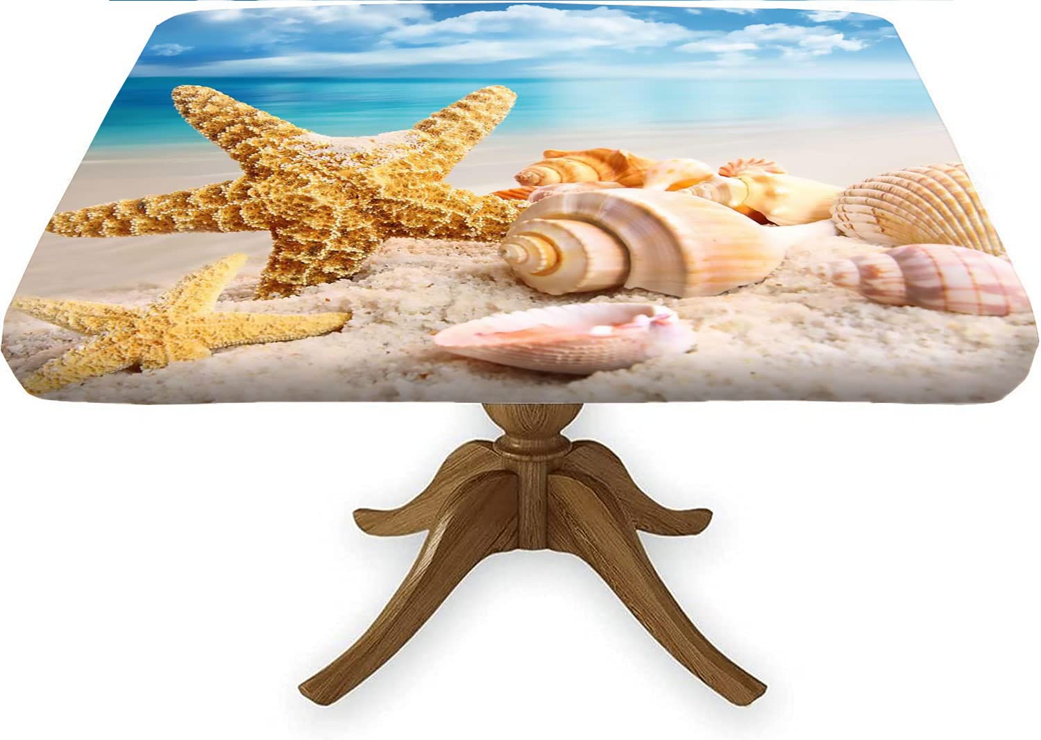 Ocean Sea Beach Square Fitted Tablecloth, Starfish Seashells Table Cover with Elastic Edge Tulip Floral Table Cloth, Great for Outdoor Home Kitchen/