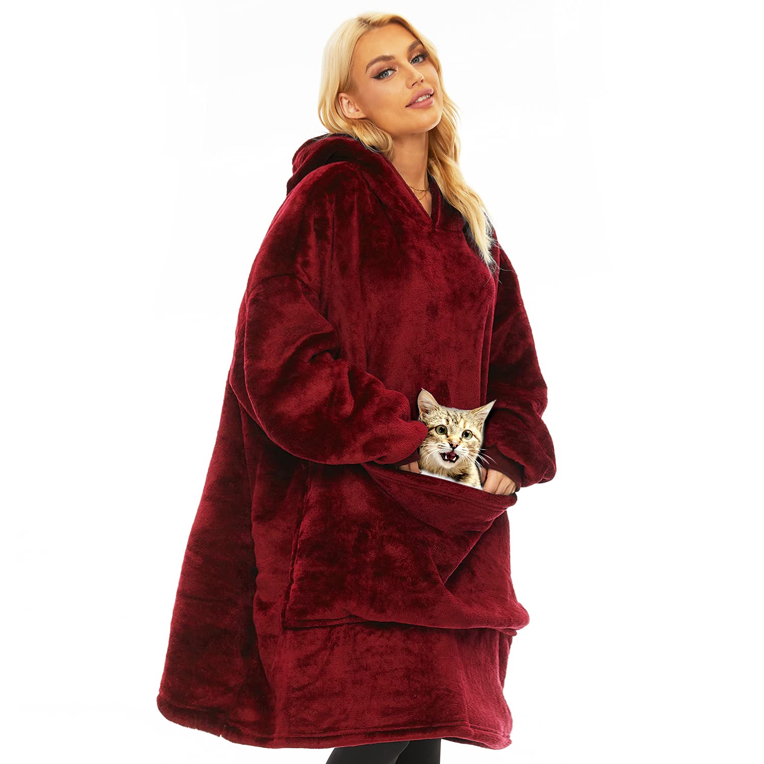 Lushforest Blanket Sweatshirt,Oversized Hoodie Wearable Blanket,Soft Warm Comfortable Giant Front Pocket for Men Women Teens Friends (Wine red)