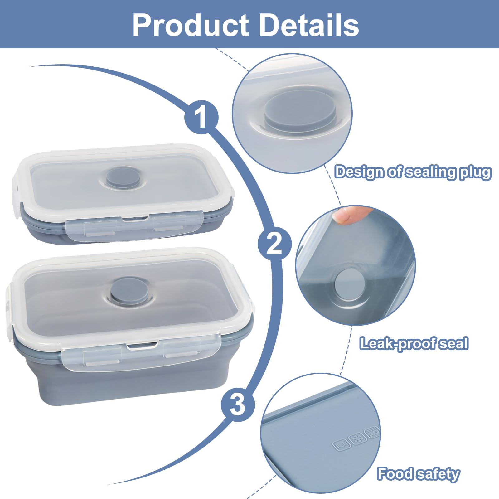 Contenitore per Il Pranzo in Silicone, Pieghevole, 3 Scomparti, Contenitore in Silicone per Viaggi, Lavoro, Scuola, attività all'aperto