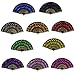Rbenxia Vintage Folding Hand Fans Fabric Embroidered Sequins Fan Pack of 10 Pieces Random Color