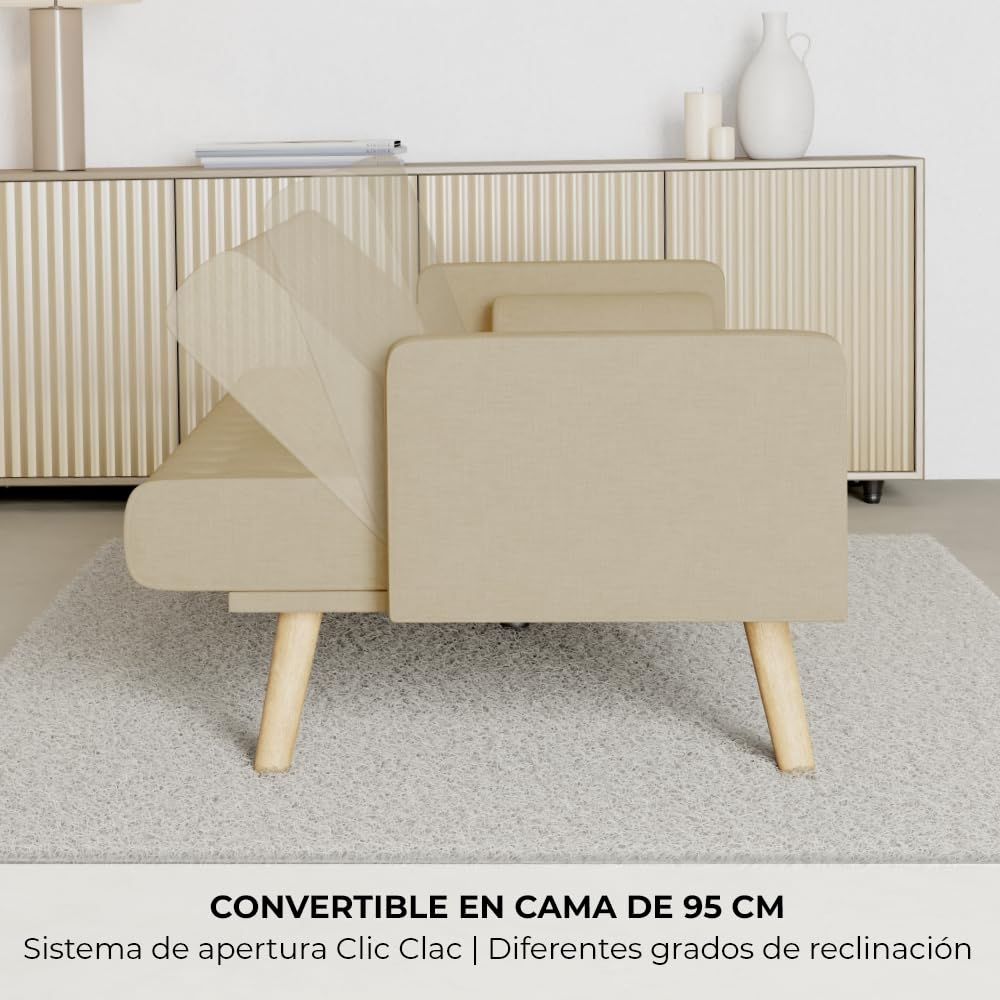 Nalui - Sofá Cama 3 Plazas Acolchado 203x82x78cm One Dots, 2 Cojines y Apertura Clic-Clac con Dif. Grados de Reclinación. Sofá Cama Chaise Longue con Patas de Madera Convertible en Cama Doble | Beig