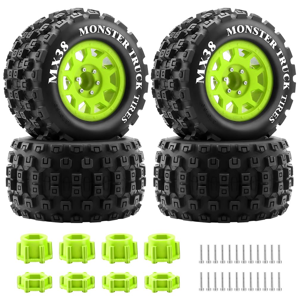 MX38 Tires F/R 3.8in MT Tires 17mm Hex RC Tires for ARRMA KRATON Notorious Outcast 6S E-REVO Summit TEKNO MT410 1/7 1/8 1/10 RC Truck Car 4PCS (Green)