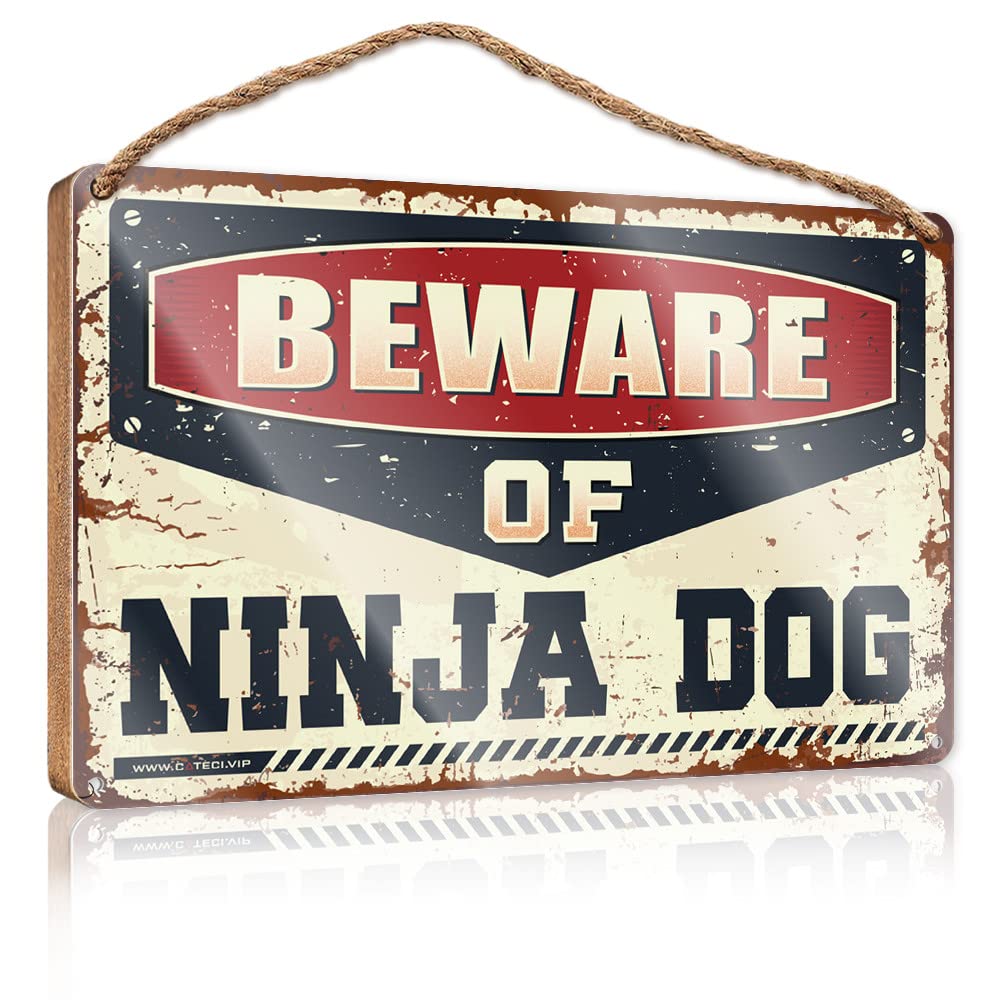 IBWNBBUSN Funny Desk Signs Beware Of Ninja Dog Wooden Sign Funny Bathroom Signs Vintage Decor