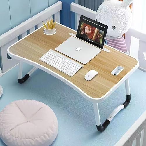 N&S折りたたみ テーブル 60×40×28cm ミニ サイド ベッド 軽量 軽い 小さい 持ち運び ドリンク ホルダー 寝室 補助テーブル パソコン PC アウトドア キャンプ ナチュラル/ホワイト/アイボリー (ナチュラル, 60×40×28cm)