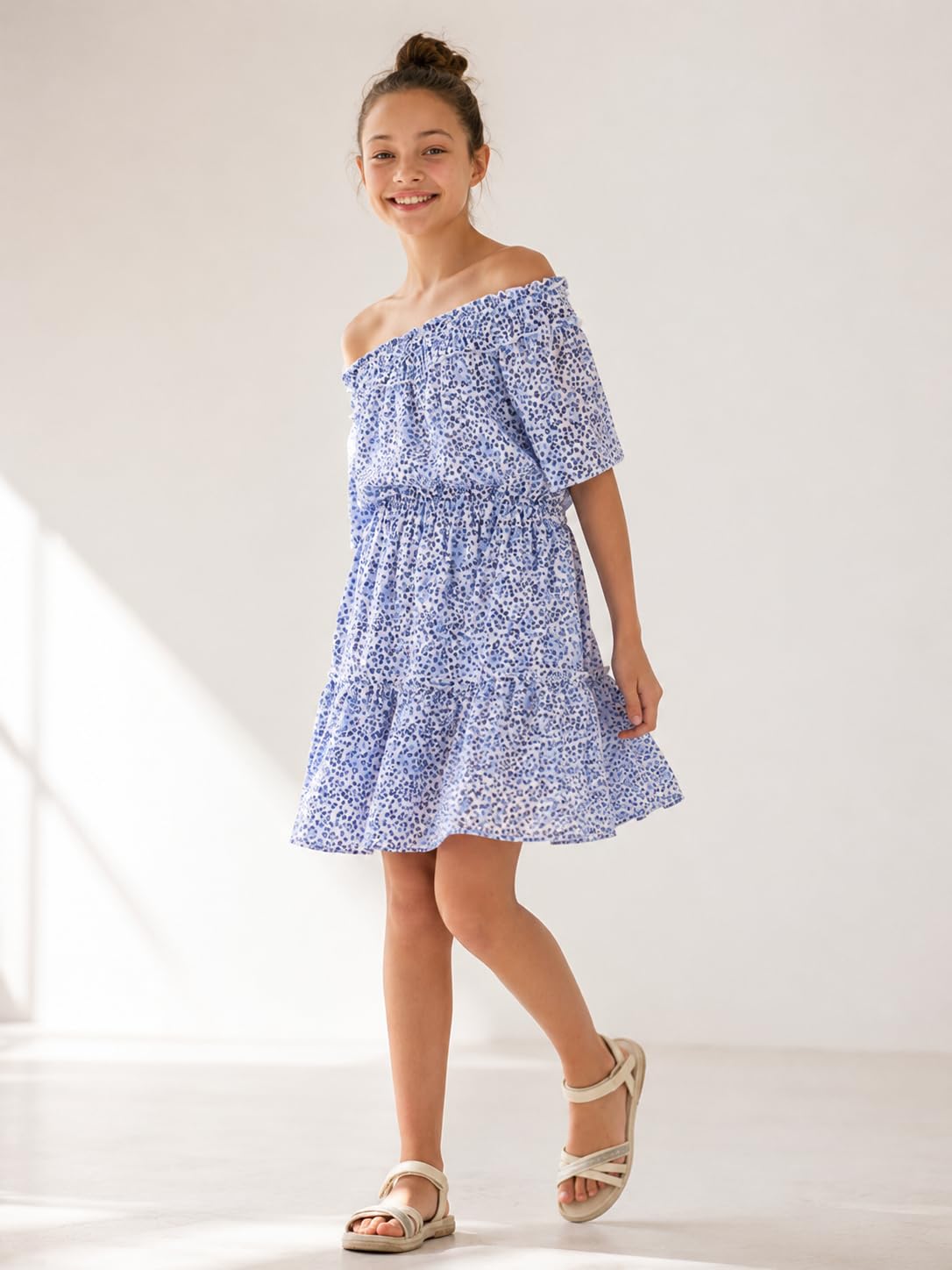 Mayoral Vestito Bambina Elegante Estivo Floreale Blu 10-16 Anni – Abito Ragazza Casual Chic Fashion Premium off Shoulder