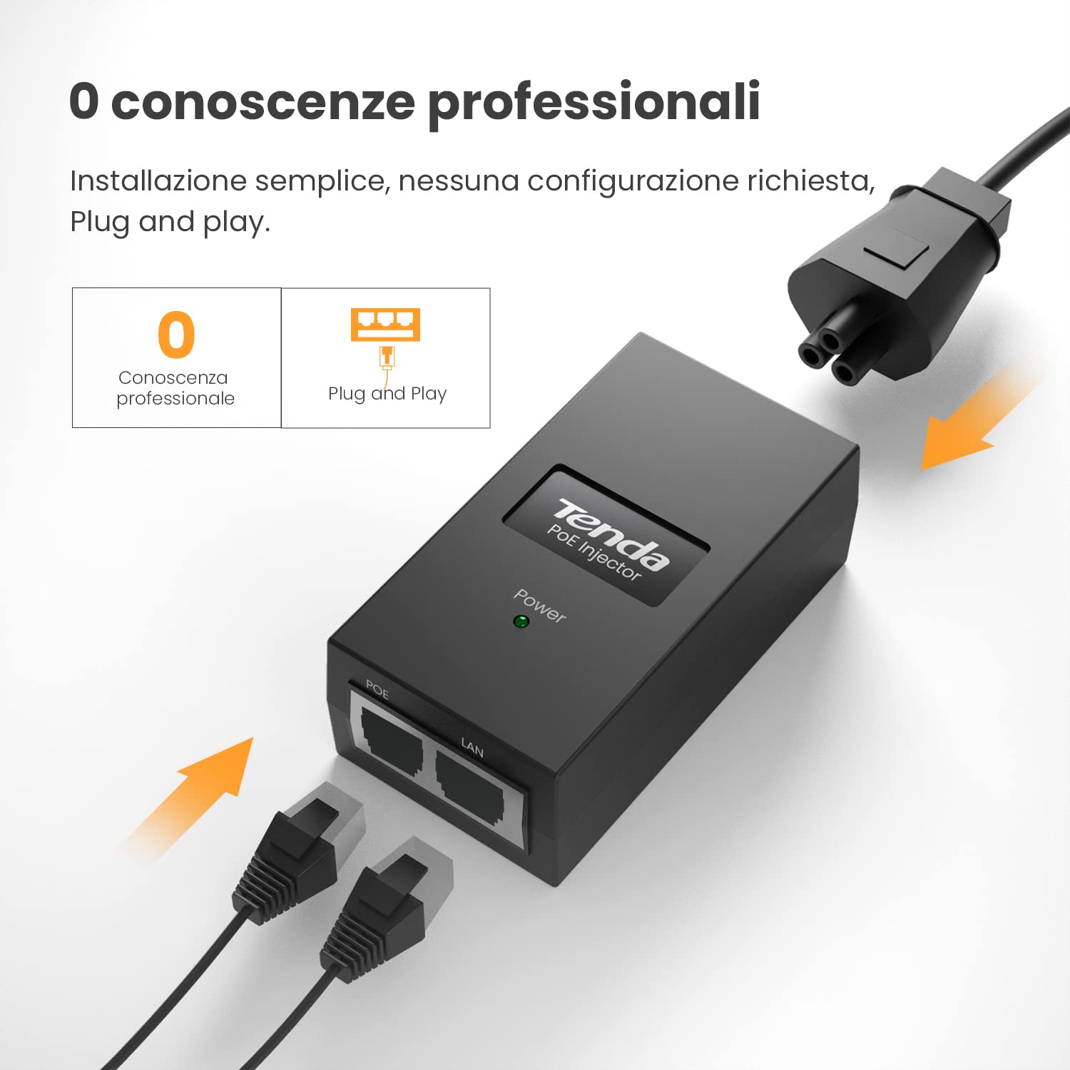 Tenda POE15F PoE Injector, Adattatore PoE Ethernet Rapido 48 V - 2 Porta RJ45 10/100 Mbps, IEEE 802.3/af/u, Fornisce Alimentazione fino a 100 m, 15,4 W Massimi, Plug and play, Nero, Alimentazione