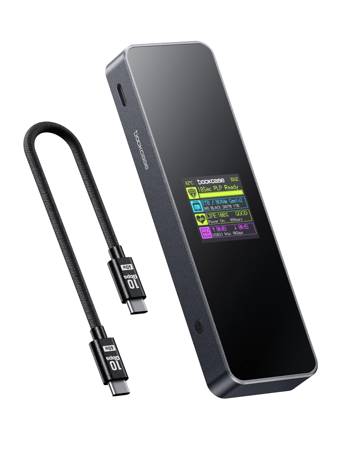 DOCKCASE Smart Case SSD M2 Protezione di Alimentazione di 10s, Rilevamento della salute dell'SSD, Doppie Porte USB-C 3.2 Gen 2 (10Gbps) NVMe Case Supporta NVMe SSD fino a 4TB