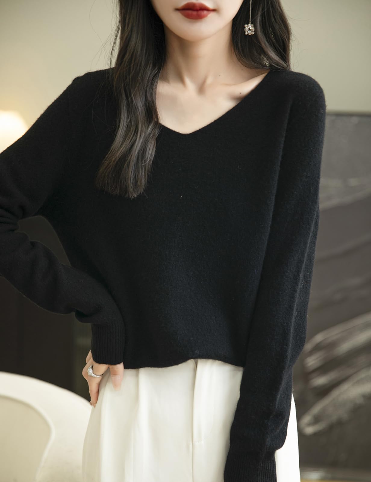 Chanyarn Maglione da Donna 100% Lana Merino con Scollo a V 2025 Casual a Maniche Lunghe Senza Cuciture Maglia Maglione