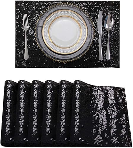 Miniatura 8 de Juego de 6 manteles individuales de lentejuelas, resistentes al calor, manteles individuales resistentes a las manchas, elegantes manteles