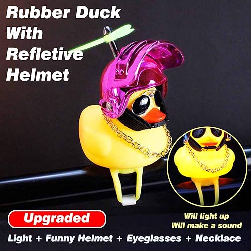 Miniatura 8 de Adornos de pato de goma para automóvil, 2 piezas de pato amarillo, decoraciones de tablero de automóvil, cuernos de bicicleta de pato con casco de