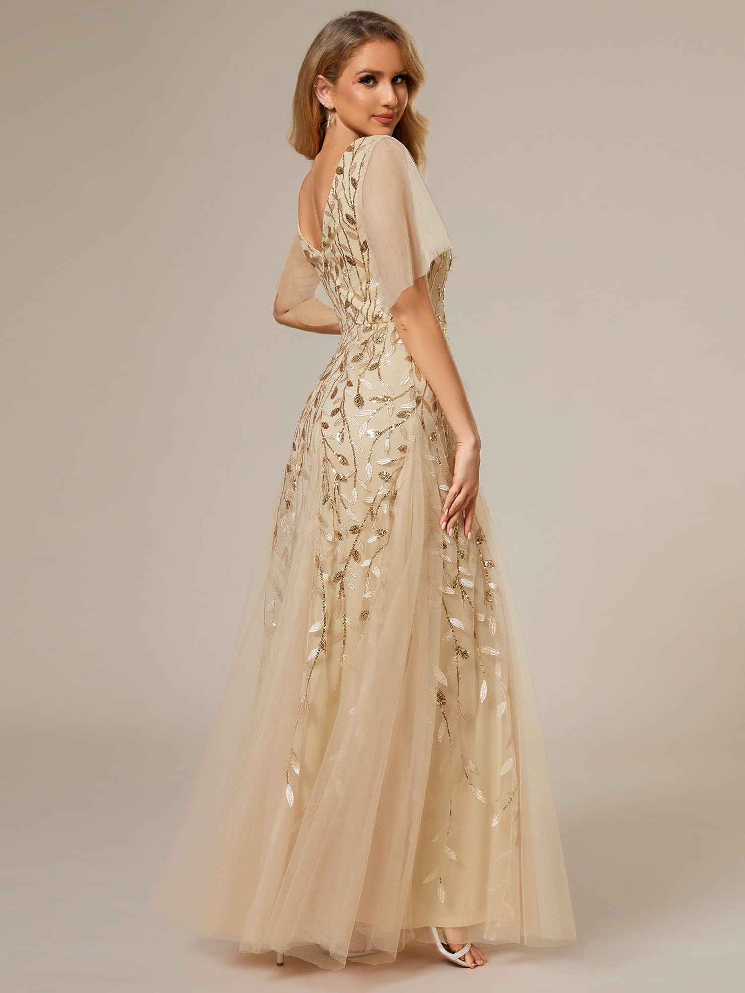 Ever-Pretty Robe de soirée élégante en tulle à manches courtes et décolleté en V - 00734