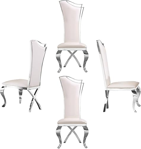 ACEDÉCOR Silla de comedor juego de 4 sillas de comedor tapizadas de terciopelo blanco moderna silla lateral sin brazos con espejo plateado curvado y