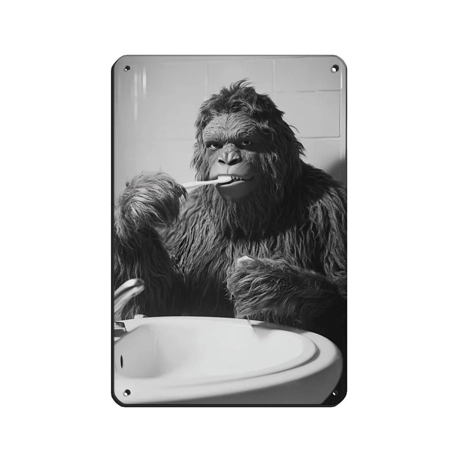 Sasquatch Brushing Teeth, Funny Bathroom Art Tin Sign Vintage Metal Pub Club Cafe Bar Home Wall Art Decoration Poster Retro 8x12inch(20x30cm)
