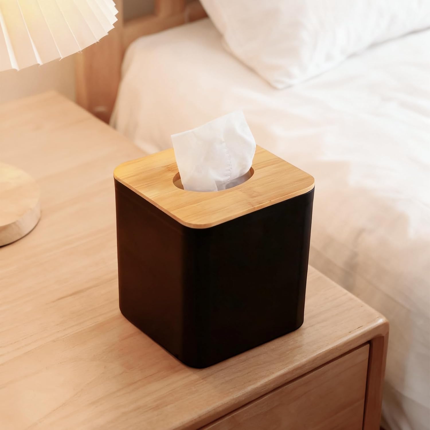 Black Tissue Box Cover,Tissue Holder, Black and Bamboo lid