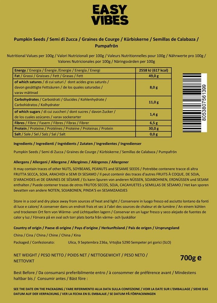 Easy Vibes - Semillas de Calabaza Peladas (700g) - Crudas y Sin sal | Pipas de Calabaza