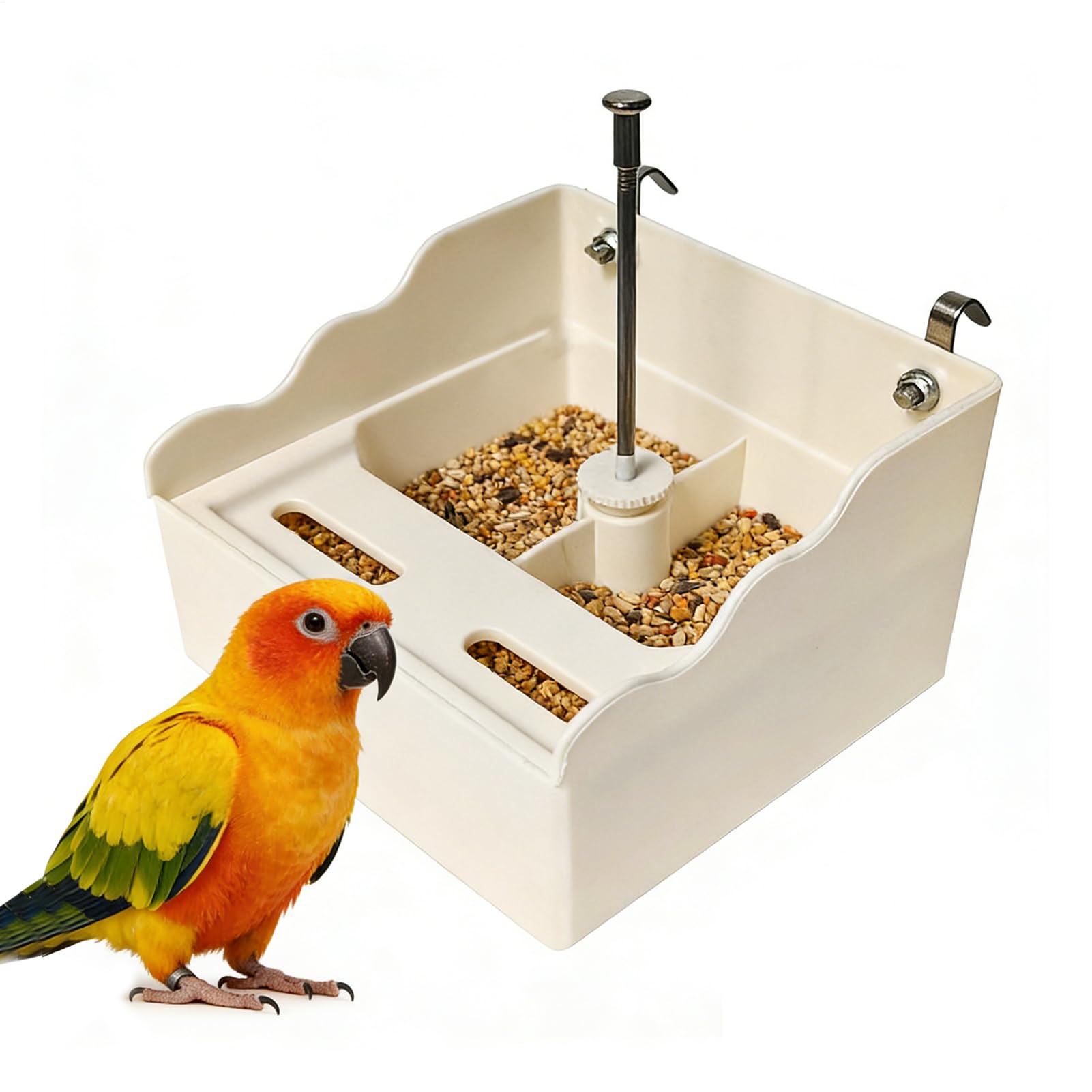 Cuencos de alimentación para mascotas y aves en terrazas o jardines con jaulas