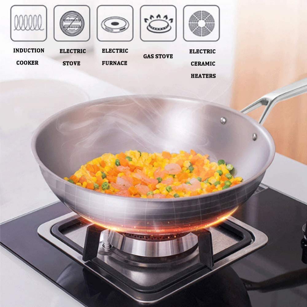 OQHAIR Wok und Pfannen, Wok aus reinem Titan – gesunder, unbeschichteter Wok mit flachem Boden/Verbundmaterial, effiziente Wärmeleitung, mit Deckel (Silber) – 32 cm (Golden, Silber 34 cm)