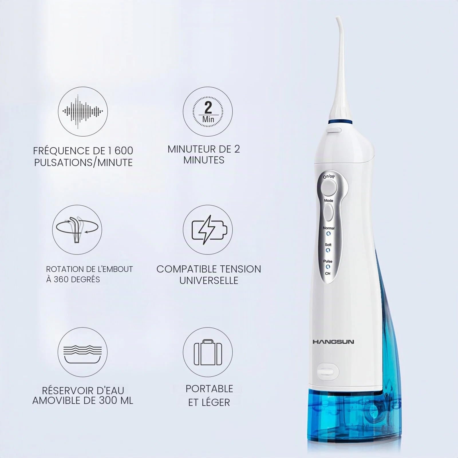 Hangsun Jet Dentaire Hydropulseur Irrigateur Oral, USB Chargé Portable Water Flosser, Réservoir 300 ml et 8 Buses de Jet pour Voyage et Maison HOC700