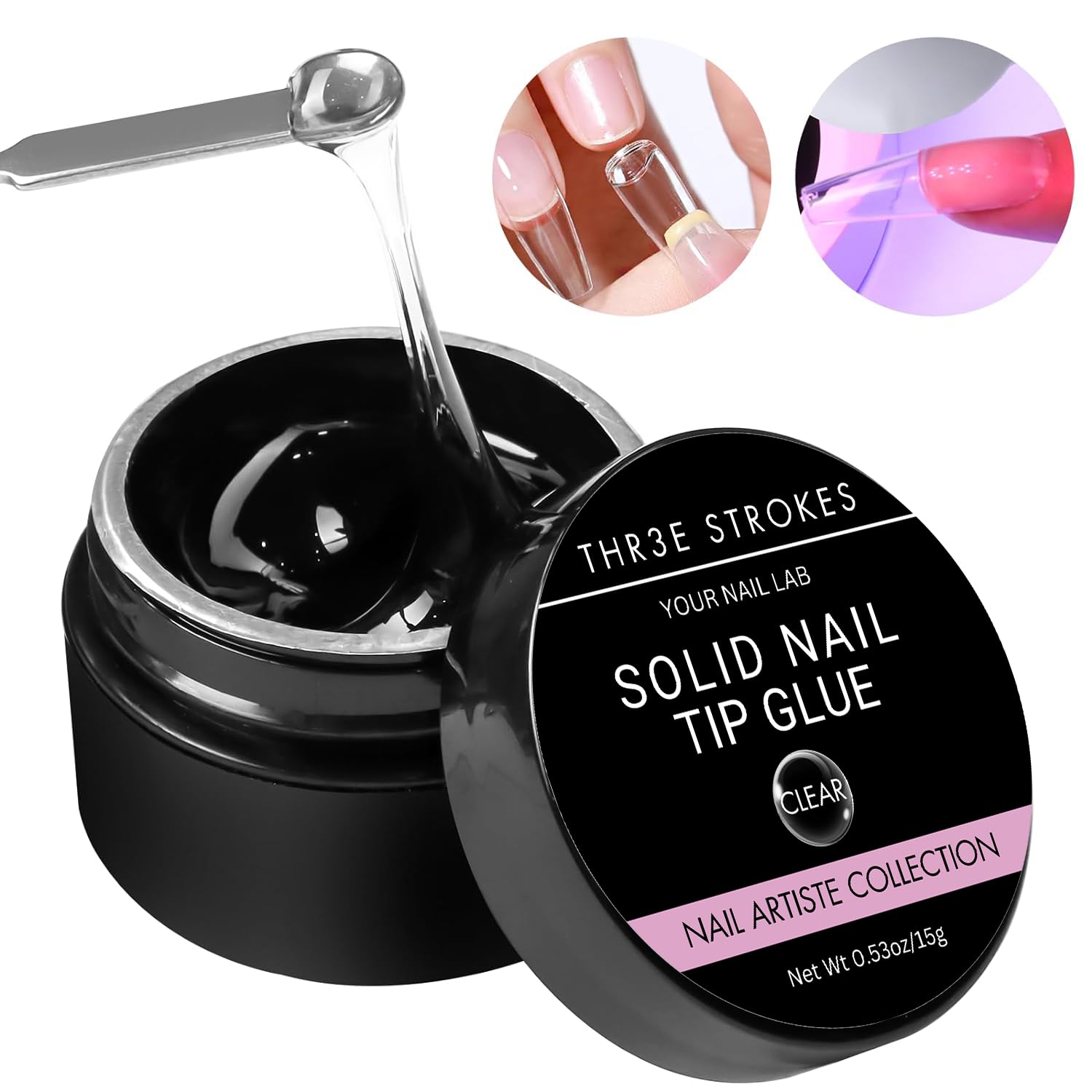 THR3E STROKES Solid Gel Nail Glue for Nail Tips Clear, Gel for Press On Nails Strong Fake Nail Bonding Gel Glue for Acrylic Nails Non-Stick Hard Gel for Nail Art Home Salon DIY 15ml(SOLID NOT DRIED)