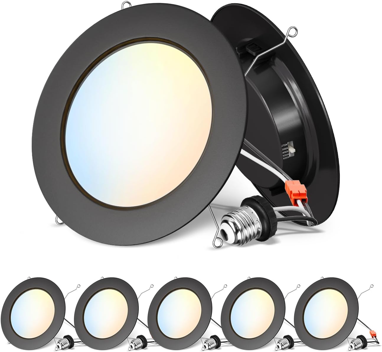 ANWIO Recessed Lighting 6 Inch Black, 5CCT 9W 1000LM Flat Retrofit LED Recessed Lights Can Needs, 2700/3000/4000/5000/6000K Selectable Can Lights CRI 80+ Dimmable E26 Base IC Rated & ETL 5 Pack