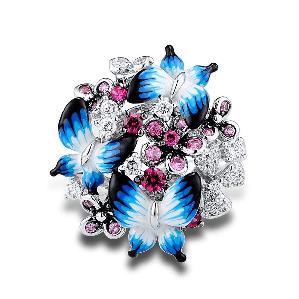 EKSED Anello in per Donna Anello in Sterling 925 con Farfalle con zirconi cubici Lucidi Smalto per Gioielli