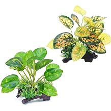 2PCS Reptile Artificial Plants, Terrarium Plants Decorations Supplies, Amphibian Habitat Hideout Tank AccessoriesGreen+ Yellow