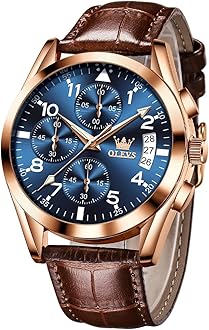 OLEVSWatches for Men Brown Leather Gold Case Analog Quartz Fashion Business Dress Watch Day Date Luminous Waterproof Casual Male Wrist Watches