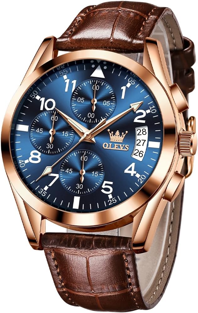 OLEVSWatches for Men Brown Leather Gold Case Analog Quartz Fashion Business Dress Watch Day Date Luminous Waterproof Casual Male Wrist Watches