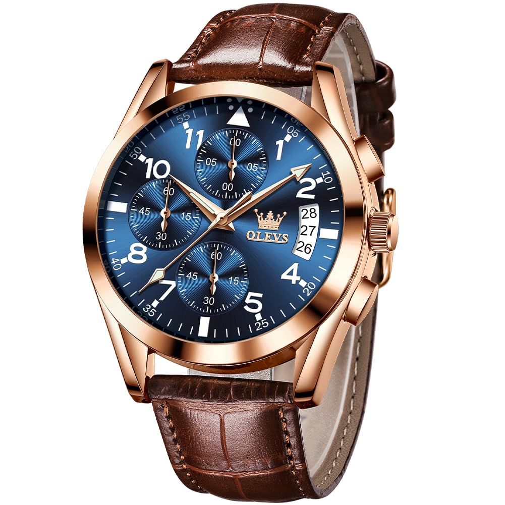 OLEVSWatches for Men Brown Leather Gold Case Analog Quartz Fashion Business Dress Watch Day Date Luminous Waterproof Casual Male Wrist Watches