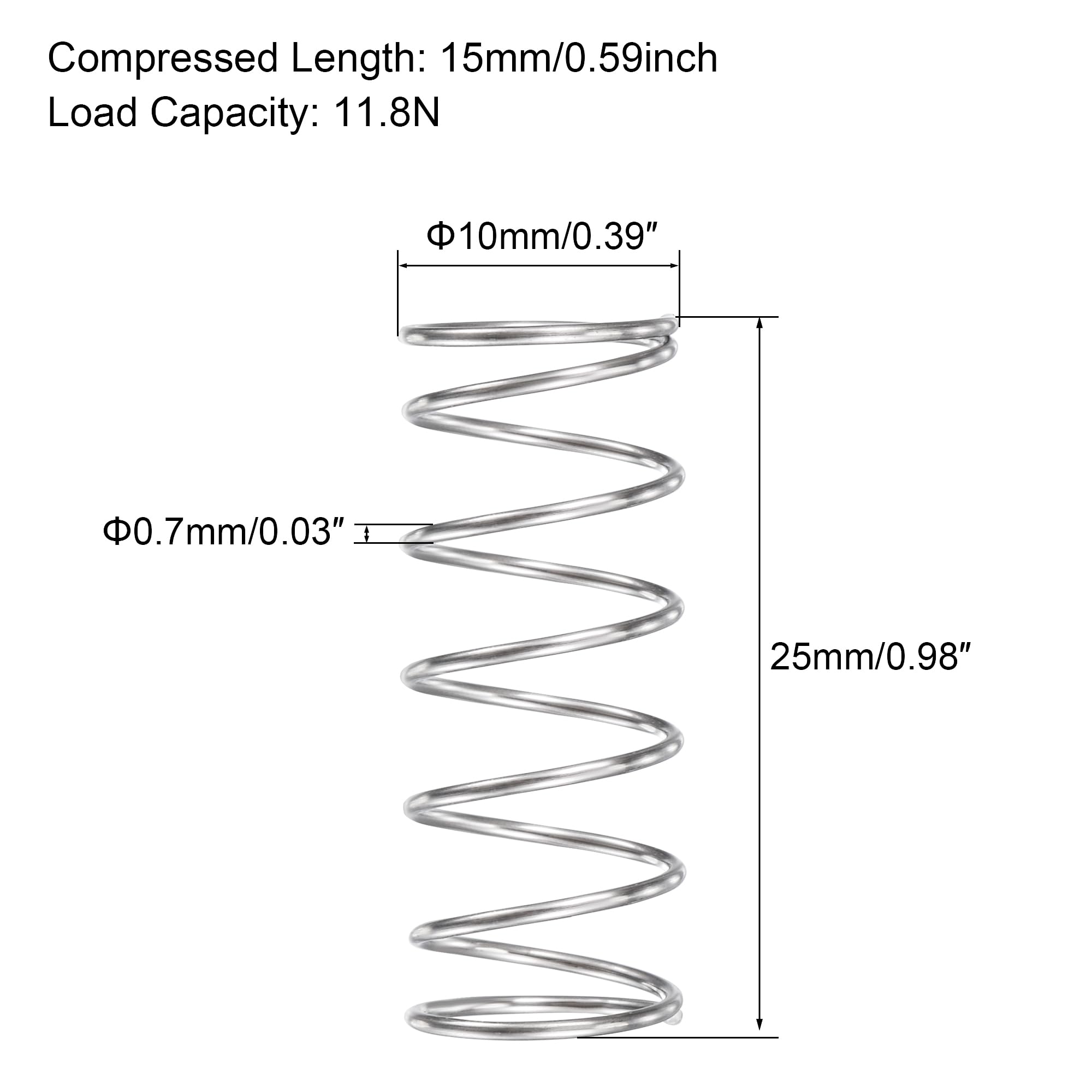 Sourcing Map Ressort De Compression 30pcs En Acier Inoxydable 304, 5mm OD,0.4mm Fil Dimension,9mm Comprimé Longueur,15mm Libre Longueur,2N Capacité De Chargement Argenté