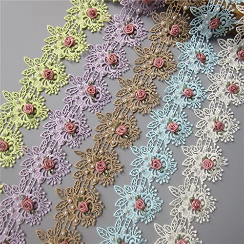 1 Yard Vintage Cotton Eyelash Pearl Flowers Leaf Embroidered Lace Trim Fabric Floral Appliques Lace Ribbon Bridal Ornaments Handmade Diy Sewing Supplies Craft For Costume Hat Decoration (Gold) #TOP5