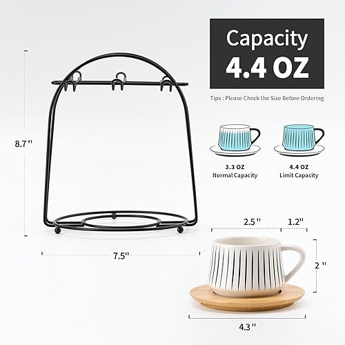 Miniatura 8 de LUKA Juego de 6 tazas de café de cerámica con platillos con soporte de metal, tazas Demitasse de porcelana de 4 onzas para expreso, latte, café,