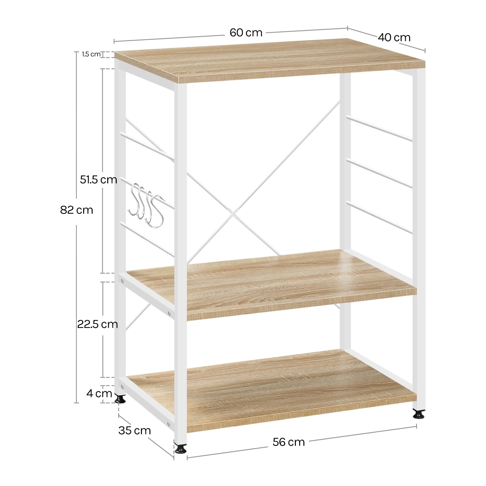 WOLTU Küchenregal, Standregal Mikrowellenhalter, Bäcker Regal Metallregal aus Holz und Stahl, mit 3 Ablagen, ca. 60 x 82 x 40 cm, Weiß + Hell Eiche